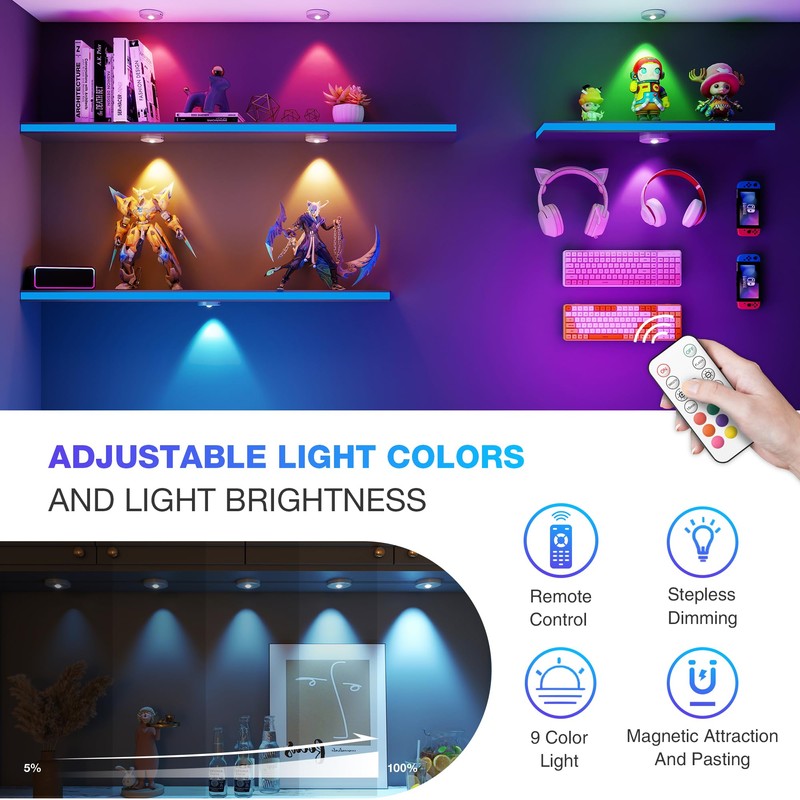 RGB Puck Lights with Remote Control, 2000mAh Battery Operated Tap