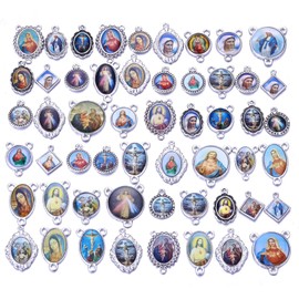 Rosfully 80pcs Mix Picture Cross Jesus Virgin Mary Catholic Enamel Our Lady Miraculous Medal Floral Rosary Centerpiece Alloy Crucifix Jewelry making, Enamel, No Gemstone