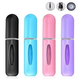 PEIROE 4-Pack Travel Perfume Atomizer Bottles, 5ml Portable Mini Refillable Spray Bottles with Leakproof Design for Fragrance (Black/Blue/Pink/Purple)