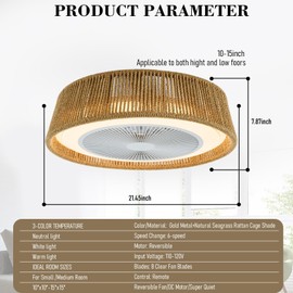 GDLT 21" Boho Paper Rope Caged Ceiling Fan with Lights Remote,3-Color Temperature Fan with Light and Reversible Motor,LED Rattan Chandelier Ceiling Fan for Bedroom, Living Room
