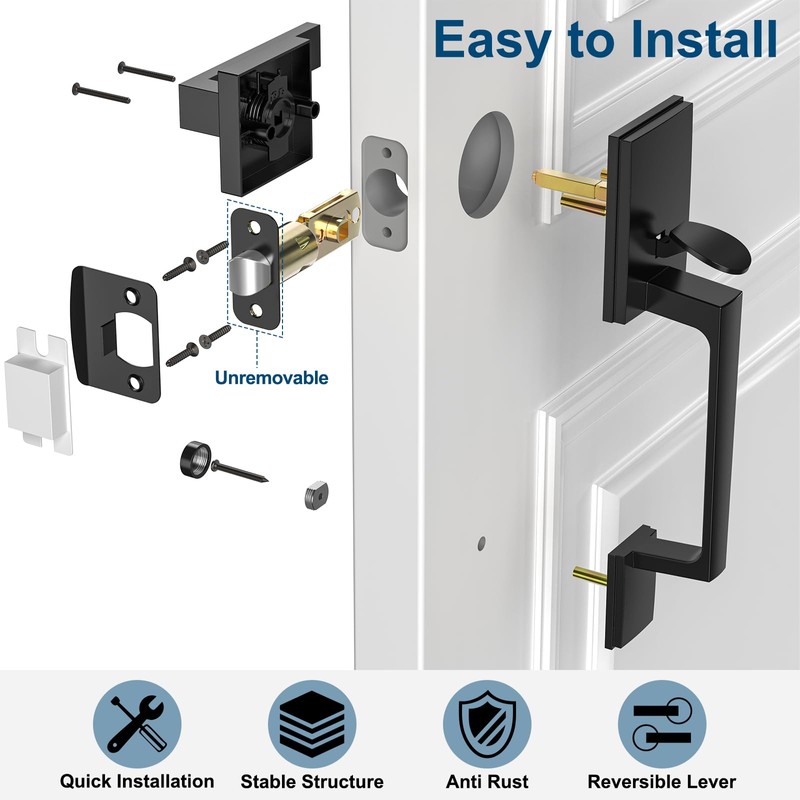 AEEKEL Black Front Door Handle No Lock, Exterior Entry Door