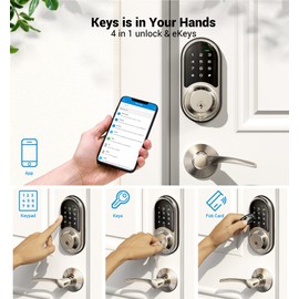 Veise RZ06B Smart Lock for Front Door, 2 Lever Handle Set, Keyless Entry Deadbolt, App Control, Electronic Digital Touchscreen Keypad, Auto Lock, IP54 Waterproof, Easy Installation, Satin Nickel