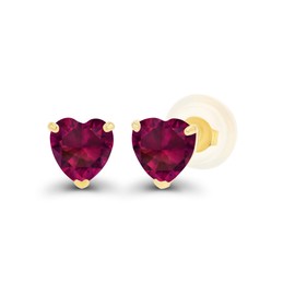 Solid 14K Yellow Gold 4mm Heart Created Red Ruby July Birthstone Genuine Stud Earrings For Women