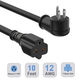10Ft 12AWG Heavy Duty Right-Angle 15 Amp Household Plug to 20-Amp Extension-Cord, Nema 5-15P to 5-15R,5-20R,6-15R,6-20R T Blade 20Amp to 15Amp 90-Degree Extension Cable,125V 15A to 20A AC Power Cord
