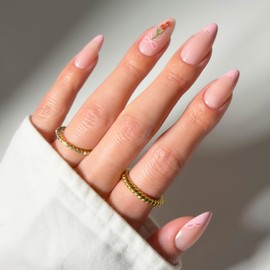 Glamnetic Press On Nails - Medium Almond Fake Nails, Glossy Pink French Tip Nails with Lace Trim & 3D Cherry Accents, Cherry Bow | 15 Sizes - 30 Nail Kit with Glue | Gift for Mom