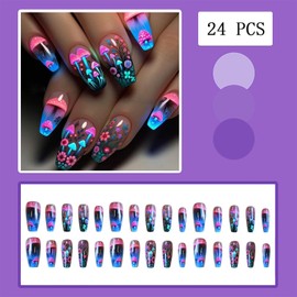 Mushroom Press on Nails Medium Ballet Flower Fantasy Mushrooms Pattern Design Full Cover Glossy Colorful Gradient Pink Blue Glue on Artificial Fake Nails for Women Daily Wear Nails Decoration 24Pcs
