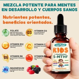 GWYNNE Kids L-Metilfolato 5-MTHF Gotas Líquidas 60ml,Fórmula Doble Folato con Vitamina C,B12, B6, D3 y Magnesio, Apoyo Cerebral Diario, Energía, Estad