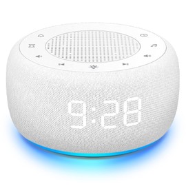 Buffbee Sound Machine & Alarm Clock 2-in-1, 0-100% Clock Face Brightness, Bottom Colored Light, Sleep Timer, Precise 30-Level Volume Control White Noise Machine - White