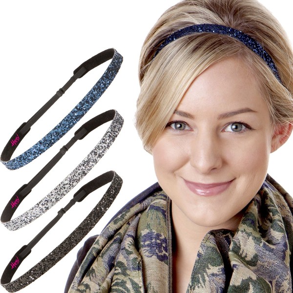 Hipsy Women's Adjustable NO SLIP Skinny Bling Glitter Headband Multi 3pk (Black/Gunmetal/Navy)