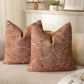 AELS Boho Decorative Textured Throw Pillow Covers 18x18, Organic Modern Mid Century Rainbow Tufted Pillow Case, Farmhouse Rustic Geometric Woven Cushion Case for Bed Couch Sofa, Burnt Orange