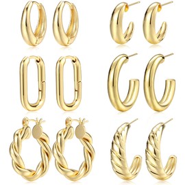 Gold Hoop Earrings Set for Women, 6 Pairs 14K Gold Plated Lightweight Hypoallergenic Chunky Open Hoops Earrings Pack