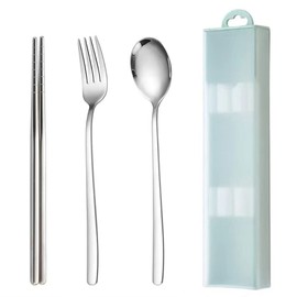 Cutlery, Chopsticks, Spoon, Fork, Storage Case, 4-piece Set, 18-8 Stainless Steel, Bento Tableware Set, Adults, Students, Cutlery Set, Camping, Outdoors, Combination Set, Portable, Convenient for Work or School, Present, Green