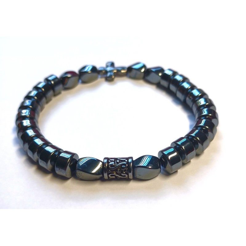 Chic Hematite Beaded Bracelet with Cross Charm