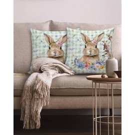 Easter Pillow Covers 18x18 Inch Set of 2 Floral Bunny Throw Pillow Cover Decorative Pillowcase Spring Flower Green Buffalo Plaid Pillow Cases for Couch Sofa Bedroom Chair Party Square Cushion Covers