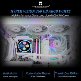 Thermalright Hyper Vision 360 UB ARGB White AIO CPU Liquid Cooler,for AM5/Intel LGA1851/1700,3.95in Magnet-Absorbent LCD Screen with 480x480 Resolution for Images,Magnetic Panel Screen-White