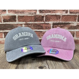 ZKFE Grandpa and Grandma Gifts, Embroidered Baseball Cap Est 2025, Gray & Pink Adjustable Cotton Denim Hats Set for Men Women