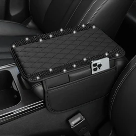 NBTEPEM Bling Car Center Console Cover, Leather Car Arm Rest Cover Cushion with 2 Storage Bags, Universal Car Middle Console Cover Car Accessories Interior for Most Vehicles (Black Diamond)