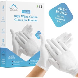 Home Solutions™ White Cotton Gloves for Eczema | 8 Pairs | Free Wash Bag | Hand Moisturising Gloves, White Cotton Gloves for Dry Hands, Eczema Gloves, White Gloves (Large)
