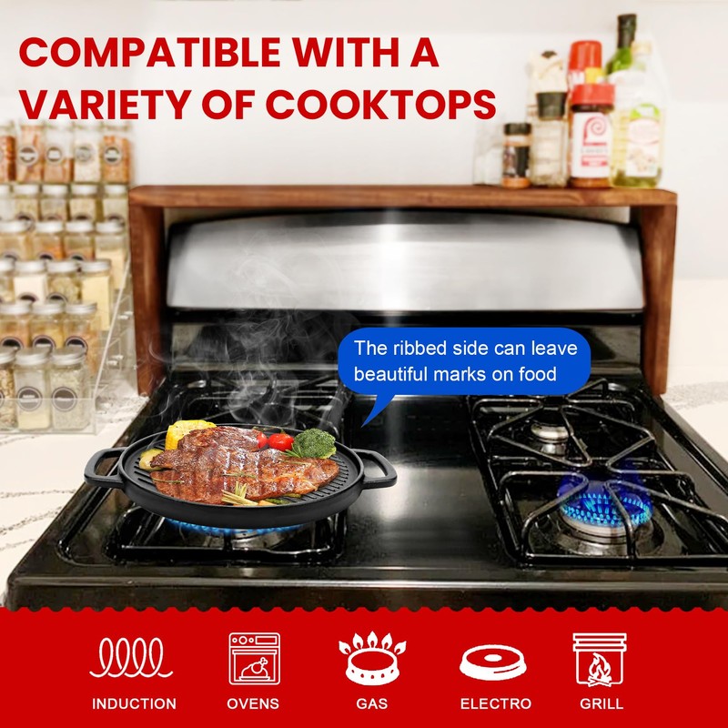 GGC Cast Iron Reversible Griddle, 12 inch Griddle Pan for