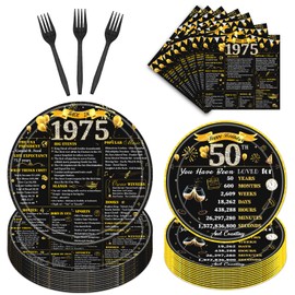 Refavor 50th Birthday Decorations for Men Women, 96PCS Back in 1975 Birthday Party Plates and Napkins Forks Supplies, Black and Gold Over the Hill Birhday Disposable Party Tableware Decor (24 Guests)