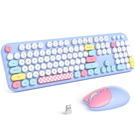 MOFII Wireless Keyboard and Mouse Combo - 2.4GHz Full-Size Retro Typewriter Keyboard with Round Keys, 3 Level Adjustable Optical Mouse, Plug & Play - Compatible with PC/Laptop/Desktop - Light Blue Mix
