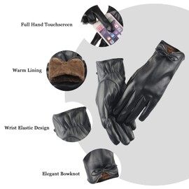 Long Keeper Women PU Leather Touchscreen Gloves Winter Soft Warm Ladies Women Leather Gloves Touch Screen Texting Cycling Driving Gloves with Bowknot