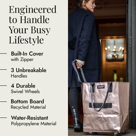 (Medium, Rose Gold) Reusable Grocery Bag On Wheels, Shopping Trolley, Rolling Tote, Zipper Closure, Lightweight, Carries Up to 66 lb, Folds Flat, Unbreakable Handles