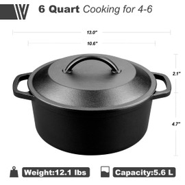 VORRINGARD Pre-Seasoned Cast Iron Dutch Oven with Lid, Round and Dual Handles, for Stovetop, Camping, Grill, Induction, Electric, Black, 6qt