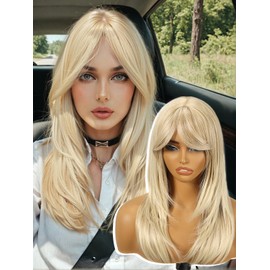 KOME Light Blonde Mixed Long Layered Wig with Bangs,Straight Hair Wigs for Women,Synthetic Heat Resistant Natural Looking Hair Wig for Party Cosplay Dality Use 18IN