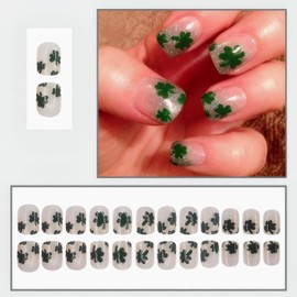 Rchovsam St Patricks Green Press on Nails Short Square Nails Press Ons Spring Green Glitter Clover Designs False Nails Acrylic Full Cover Gel Fake Nails Gift for Women 24pcs
