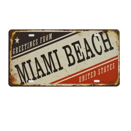 Rockin Gear License Plate Greetings from Miami Beach Souvenir 12" x 6" Rusted License Plate, Vintage License Plate for Home and Wall Decor