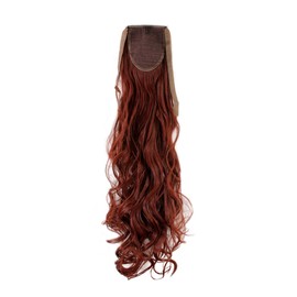Hairpiece PONYTAIL (comb & ribbon wrap-around system) extension pigtail very long (24 inches) slightly CURLED wavy DARK RED YZF-1094HT-35