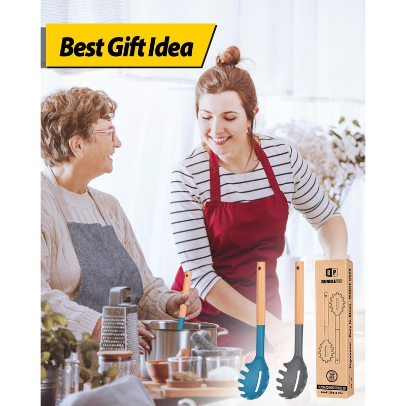 Pack of 2 Spaghetti Spoon, Silicone Pasta Fork with Wooden