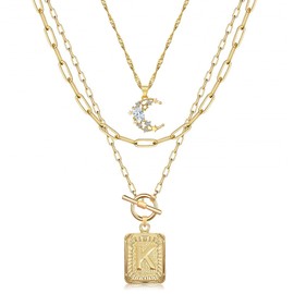 MJartoria Layered Initial Necklaces for Women Trendy, 14K Gold Plated Simple Moon Choker Square Letter Pendant Necklace, Paperclip Chain Necklace, Gold Necklaces Jewelry Gifts (Gold, K)