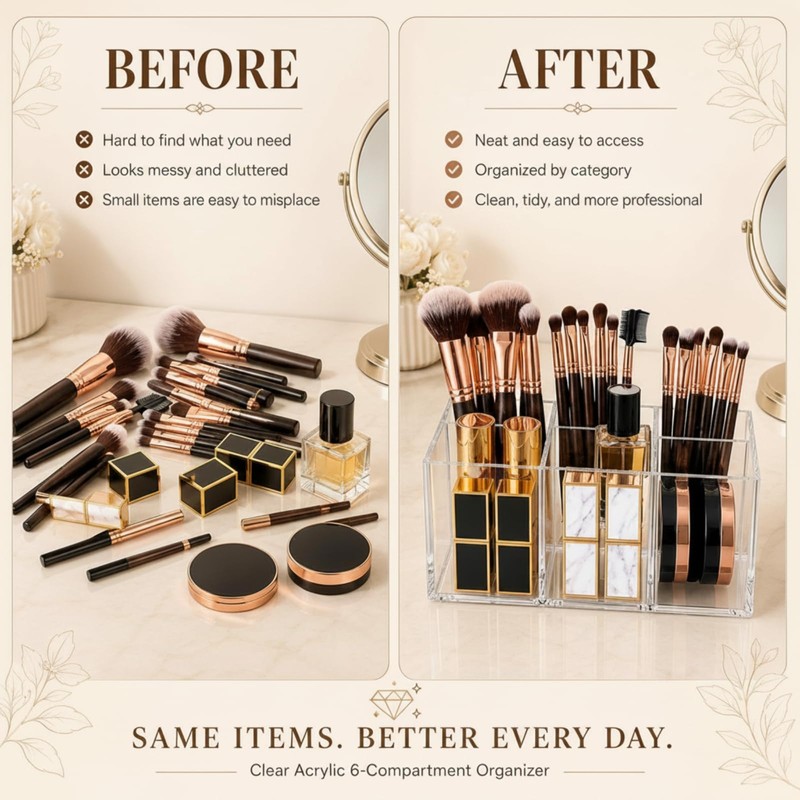 Zhehao 2 Pack Clear Acrylic Desk Organizer, 6-Slot Makeup Brush