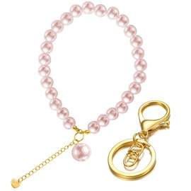 Keychain Wristlet, Bling Key Chain Wristlet Bracelet, Faux Beaded Pearl Wrist Keychain with Nice Gift Box (Pink Pearl)