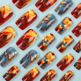 24 Pcs Fall Press on Nails Short Square Red Yellow Maple Leaf Fake Nails with Designs Glitter Stick on Nails Autumn Glossy Full Cover Acrylic Nails False Nails for Women Nail Manicure DIY