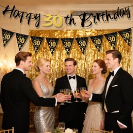 30th Birthday Party Decorations Black and Gold, Happy Birthday Bunting Banner for Men Women, Happy 30th Birth Banner for Women Men 30 Years Old