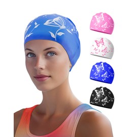 Swimming Cap for Women – Soft, Elastic, Anti-Slip, Stylish, Comfortable (Blue Butterfly)