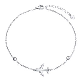 FLYOW Airplane Anklet for Women S925 Sterling Silver Adjustable 9 10 inches Foot Beaded Charm Ankle Bracelet Anklets Jewelry (Anklet)