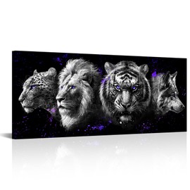 Kalormore Black and White Animal Wall Art Leopard Wolf Lion Tiger Head with Purple Eyes Paintings Canvas Wildlife Artwork Framed Modern Home Office Decor