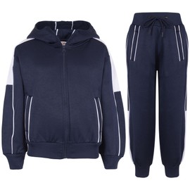 A2Z 4 Kids Girls Boys Tracksuit Plain Zipped Contrast Panelled Hooded - T.S 116 Navy 9-10