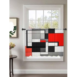 Red Black Gray Abstract Art Geometric Sheer Chiffon Curtain Modern Minimalist Voile Window Drape for Bedroom 45 Inch Long,Single Panel Semi-Sheer Window Treatment for Living Room, Nursery
