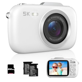 Digital Camera, UHD 5K 80MP Point and Shoot Digital Cameras with 18X Digital Zoom, 64GB TF Card, Compact Small Camera for Kids (White)