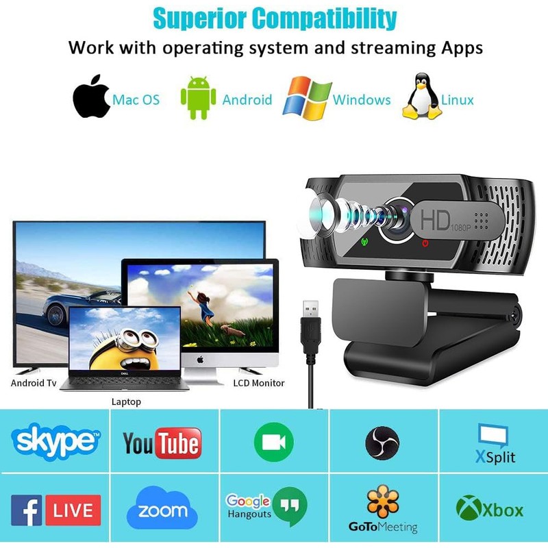 Neefeaer Full HD1080P Webcam with Microphone, Automatic Light Correction, USB