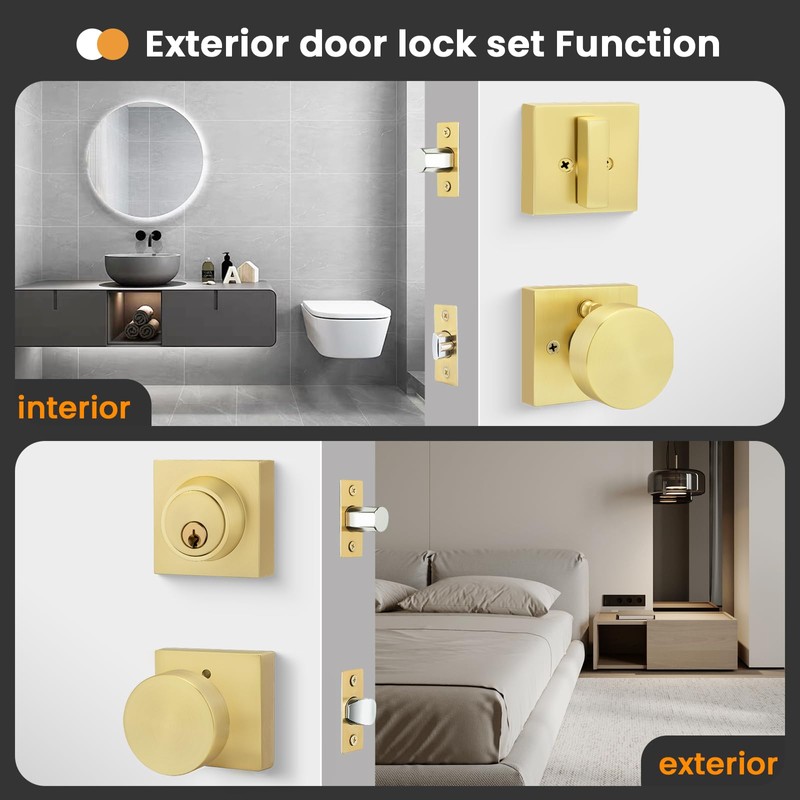 goldenwarm Gold Door Knobs with Deadbolt, Zinc Alloy Brushed Gold