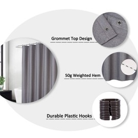 Flax linen like 240 GSM heavy stable shower curtain for bathroom with hooks, hotel luxury fabric, washable, grey, 100 x 180 cm