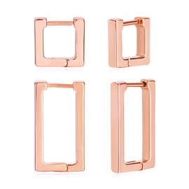 2 Pairs Rose Gold Plated Minimalist Hoop Earrings Small Dainty Geometric Square and Rectangle Huggies Hoops for Women Present