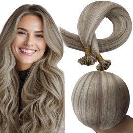 Full Shine Ktip Hair Extensions Human Hair Color 18/613 Highlighted Prebonded Hair Extensions 20 Inch Keratin Fusion Hair Extensions 50 Grams Add Length for Women Real Hair Extensions