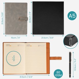 Kurtzy Grey PU Leather Notebook with Pen - Refillable A5 Writing Journal with 112 Thick Sheets - Lined Paper Travel Diary for Business, Work and School